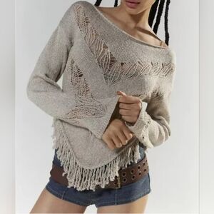 Silence + Noise Urban Outfitters Taylor Fringe Sweater, Light Beige, Size XS